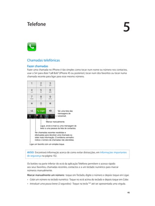 5 
46 
Telefone 
Chamadas telefónicas 
Fazer chamadas 
Fazer uma chamada no iPhone é tão simples como tocar num nome ou número nos contactos, 
usar o Siri para dizer “call Bob” (iPhone 4S ou posterior), tocar num dos favoritos ou tocar numa 
chamada recente para ligar para esse mesmo número. 
Ver uma lista das 
mensagens de 
voicemail. 
MMaarrccaarr mmaannuuaallmmeennttee.. 
Ligue, envie e-mail ou uma mensagem de 
texto a uma pessoa da lista de contactos. 
Ver chamadas recentes recebidas e 
efectuadas para devolver uma chamada ou 
obter mais informação. O emblema vermelho 
indica o número de chamadas não atendidas. 
LLiiggaarr uumm ffaavvoorriittoo ccoomm uumm ssiimmpplleess ttooqquuee.. 
AVISO: Encontrará informação acerca de como evitar distracções, em Informações importantes 
de segurança na página 152. 
Os botões na parte inferior do ecrã da aplicação Telefone permitem o acesso rápido 
aos seus favoritos, chamadas recentes, contactos e a um teclado numérico para marcar 
números manualmente. 
Marcar manualmente um número: toque em Teclado, digite o número e depois toque em Ligar. 
•• Colar um número no teclado numérico: Toque no ecrã acima do teclado e depois toque em Colar. 
•• Introduzir uma pausa breve (2 segundos): Toque na tecla “*” até ser apresentada uma vírgula. 
 