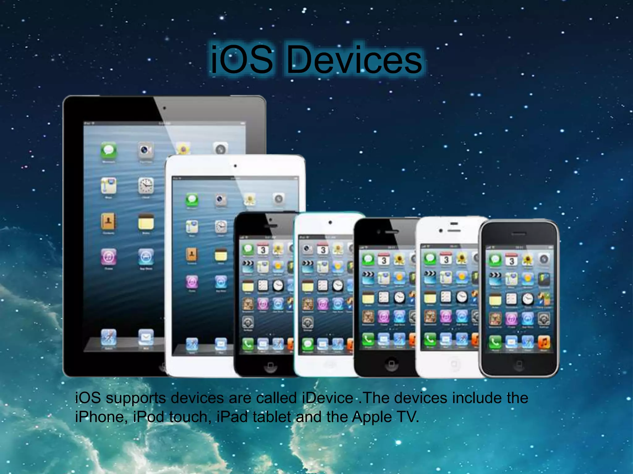 iOS Devices
iOS supports devices are called iDevice .The devices include the
iPhone, iPod touch, iPad tablet and the Apple TV.