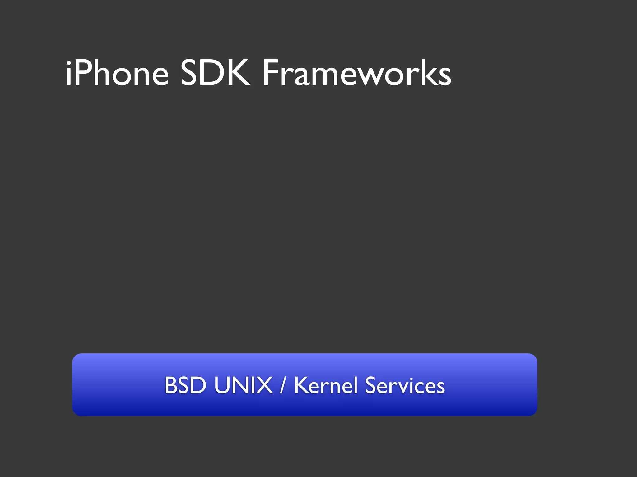 iPhone SDK Frameworks




     BSD UNIX / Kernel Services
 