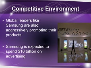 Competitive Environment
• Global leaders like
Samsung are also
aggressively promoting their
products
• Samsung is expected to
spend $10 billion on
advertising
 