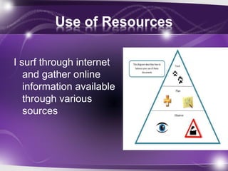 Use of Resources
I surf through internet
and gather online
information available
through various
sources
 