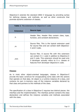 IPhone Programming Project




Objective-C extends the standard ANSI C language by providing syntax
for defining classes, and methods, as well as other constructs that
promote dynamic extension of classes.


       Table 1 File extensions for Objective-C code


       Extension               Source type


                               Header files. Header files contain class, type,
       .h                      function, and constant declarations.


                               Source files. This is the typical extension used
       .m                      for source files and can contain both Objective-
                               C and C code.


                               Source files. A source file with this extension
                               can contain C++ code in addition to Objective-C
       .mm                     and C code. This extension should be used only
                               if developer actually refers to C++ classes or
                               features from developer Objective-C code.




Classes

As in most other object-oriented languages, classes in Objective-C
provide the basic construct for encapsulating some data with the actions
that operate on that data. An object is a runtime instance of a class, and
contains its own in-memory copy of the instance variables declared by
that class and pointers to the methods of the class.



The specification of a class in Objective-C requires two distinct pieces: the
interface and the implementation. The interface portion contains the class
declaration and defines the instance variables and methods associated
with the class.




The University of New South Wales                                        Page 13
 