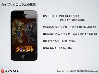 ֥ĥ˥״


               `գ20111(iOS)
               ?????? 20114(Android)

               AppStoreȥåץ`륹11λ(4/26r㣩

               Google Playȥåץ`륹9λ(4/26r㣩

               Ӌ`90

               DAU/MAU5/10




                      Copyright C ADWAYS CO., LTD. All Rights Reserved
 