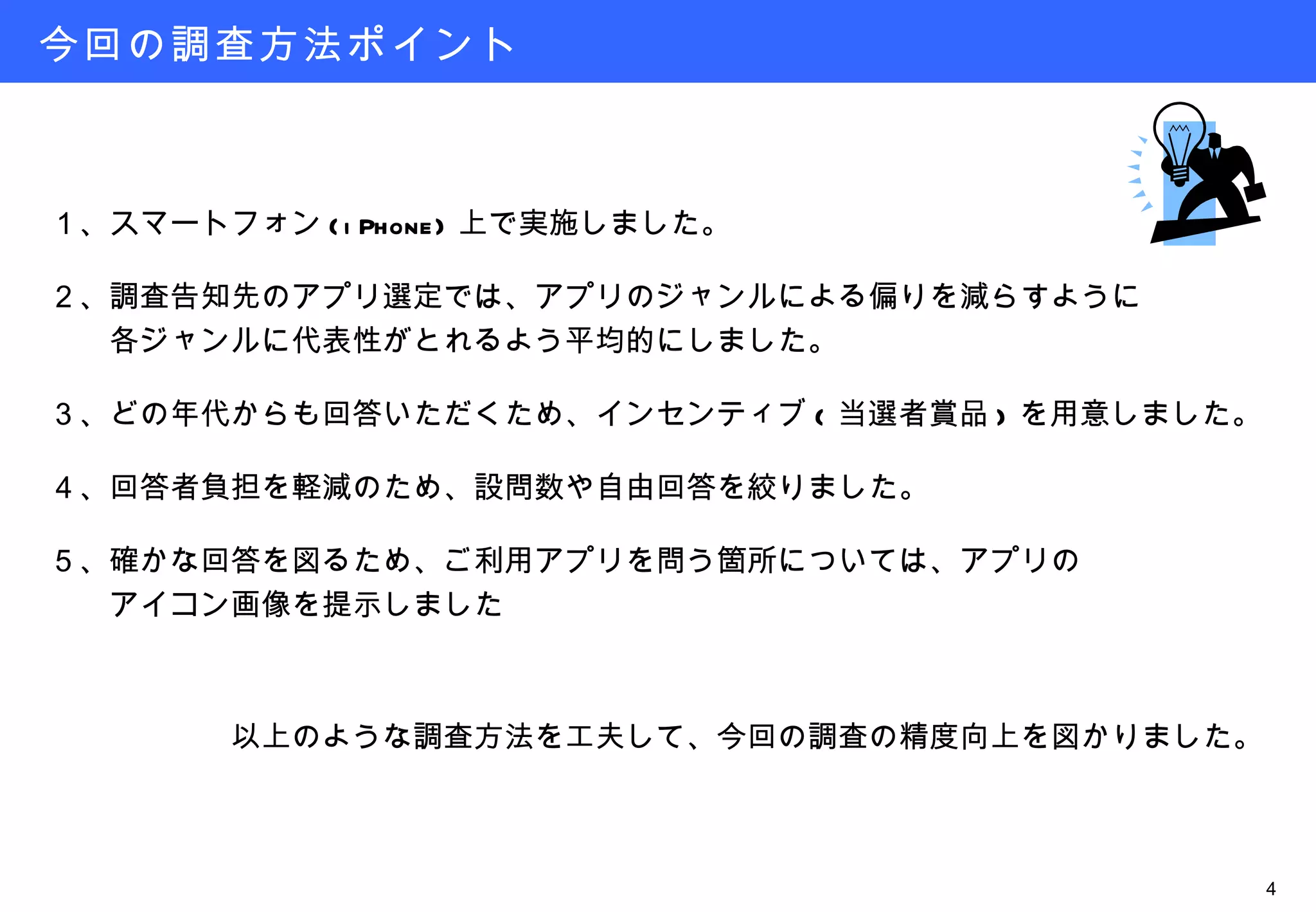 今回の調査方法ポイント １、スマートフォン (iPhone) 上で実施しました。 ２、調査告知先のアプリ選定では、アプリのジャンルによる偏りを減らすように 　　各ジャンルに代表性がとれるよう平均的にしました。 ３、どの年代からも回答いただくため、インセンティブ ( 当選者賞品 ) を用意しました。 ４、回答者負担を軽減のため、設問数や自由回答を絞りました。 ５、確かな回答を図るため、ご利用アプリを問う箇所については、アプリの 　　アイコン画像を提示しました 　　　　　　以上のような調査方法を工夫して、今回の調査の精度向上を図かりました。 