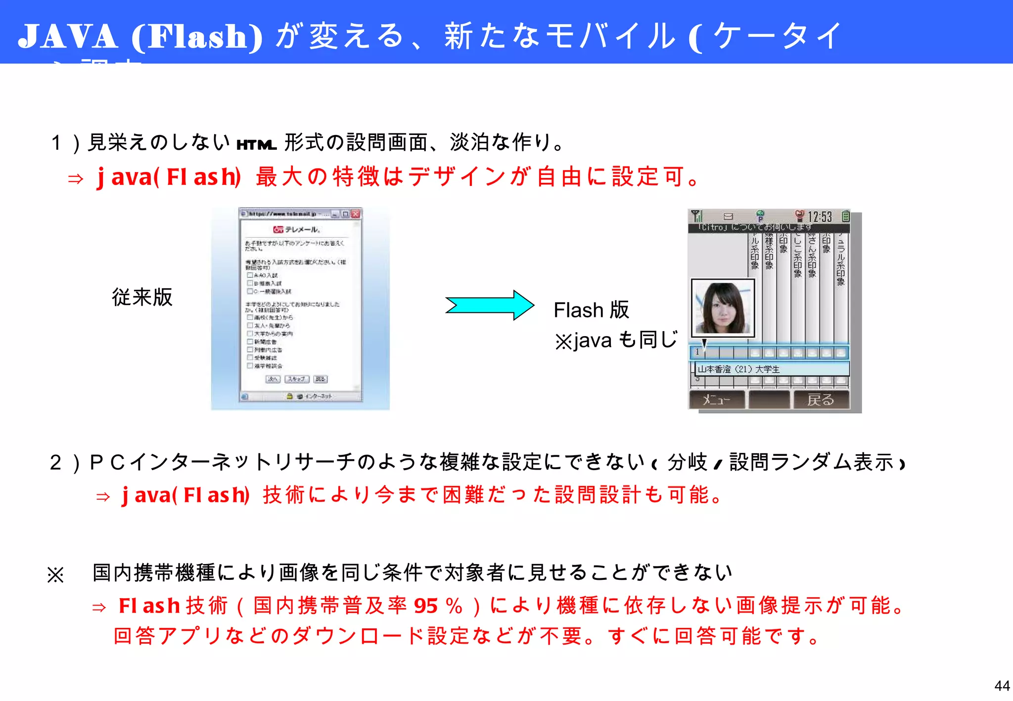 JAVA (Flash) が変える、新たなモバイル ( ケータイ ) 調査 １）見栄えのしない HTML 形式の設問画面、淡泊な作り。 　 ⇒ java(Flash) 最大の特徴はデザインが自由に設定可。 従来版 Flash 版 ※ java も同じ ２）ＰＣインターネットリサーチのような複雑な設定にできない ( 分岐 / 設問ランダム表示 ) 　　 ⇒ java(Flash) 技術により今まで困難だった設問設計も可能。 ※ 　国内携帯機種により画像を同じ条件で対象者に見せることができない 　　 ⇒ Flash 技術（国内携帯普及率 95 ％）により機種に依存しない画像提示が可能。 　　　回答アプリなどのダウンロード設定などが不要。すぐに回答可能です。 