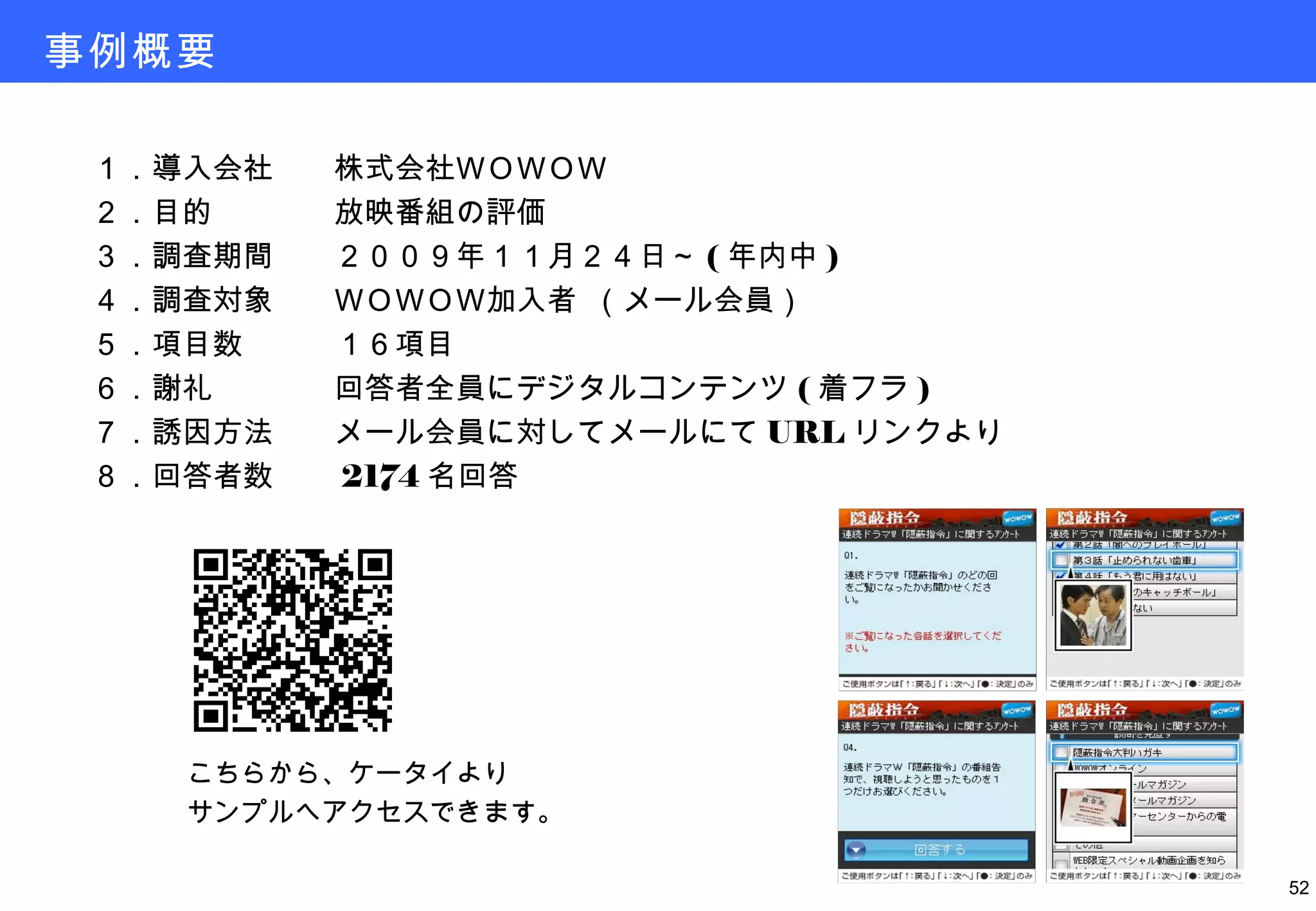 こちらから、ケータイより サンプルへアクセスできます。 １．導入会社　　株式会社ＷＯＷＯＷ ２．目的　　　　放映番組の評価 ３．調査期間　　２００９年１１月２４日～ ( 年内中 ) ４．調査対象　　ＷＯＷＯＷ加入者 （メール会員） ５．項目数　　　１６項目 ６．謝礼　　　　回答者全員にデジタルコンテンツ ( 着フラ ) ７．誘因方法　　メール会員に対してメールにて URL リンクより ８．回答者数　　 2174 名回答 事例概要 