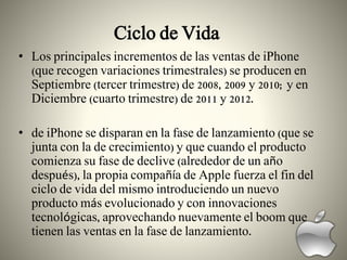 • Los principales incrementos de las ventas de iPhone
(que recogen variaciones trimestrales) se producen en
Septiembre (tercer trimestre) de 2008, 2009 y 2010; y en
Diciembre (cuarto trimestre) de 2011 y 2012.
• de iPhone se disparan en la fase de lanzamiento (que se
junta con la de crecimiento) y que cuando el producto
comienza su fase de declive (alrededor de un año
después), la propia compañía de Apple fuerza el fin del
ciclo de vida del mismo introduciendo un nuevo
producto más evolucionado y con innovaciones
tecnológicas, aprovechando nuevamente el boom que
tienen las ventas en la fase de lanzamiento.
Ciclo de Vida
 