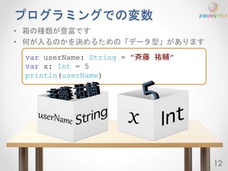 プログラミングでの変数 
• 箱の種類が豊富です 
• 何が入るのかを決めるための「データ型」があります 
var userName: String = ”斉藤祐輔” 
var x: Int = 5 
println(userName) 
12 
 