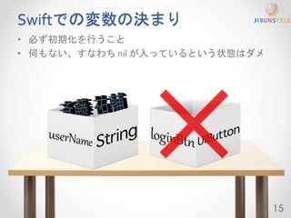 Swiftでの変数の決まり 
• 必ず初期化を行うこと 
• 何もない、すなわちnil が入っているという状態はダメ 
15 
 