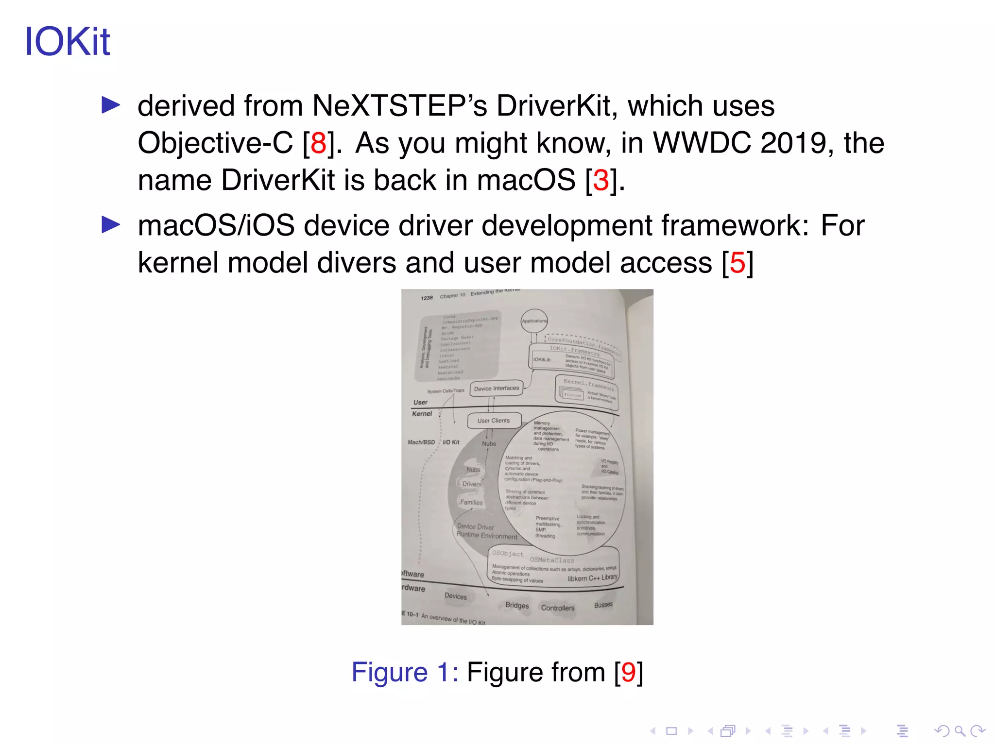 . . . . . . . . . . . . . . . . . . . . . . . . . . . . . . . . . . . . . . . . IOKit ▶ derived from NeXTSTEP’s DriverKit, which uses Objective-C [8]. As you might know, in WWDC 2019, the name DriverKit is back in macOS [3]. ▶ macOS/iOS device driver development framework: For kernel model divers and user model access [5] Figure 1: Figure from [9] 