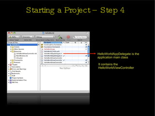 Starting a Project – Step 4 HelloWorldAppDelegate is the application main class It contains the  HelloWorldViewController 