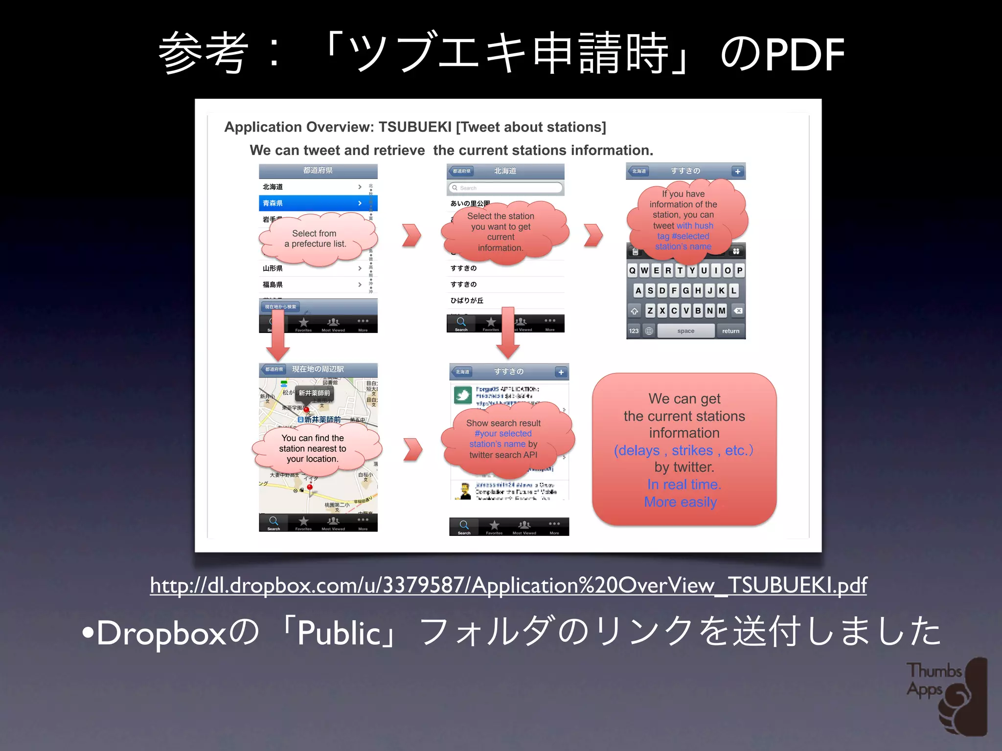PDF
         Application Overview: TSUBUEKI [Tweet about stations]
            We can tweet and retrieve the current stations information.

                                                                           If you have
                                                                       information of the
                                           Select the station           station, you can
                                            you want to get             tweet with hush
                   Select from                   current                 tag #selected
                 a prefecture list.           information.               station’s name




                                                                       We can get
                                           Show search result
                                                                   the current stations
                 You can find the
                                             #your selected            information
                                            station’s name by
                station nearest to
                  your location.            twitter search API   (delays , strikes , etc.
                                                                        by twitter.
                                                                       In real time.
                                                                      More easily .




   http://dl.dropbox.com/u/3379587/Application%20OverView_TSUBUEKI.pdf

•Dropbox            Public
 