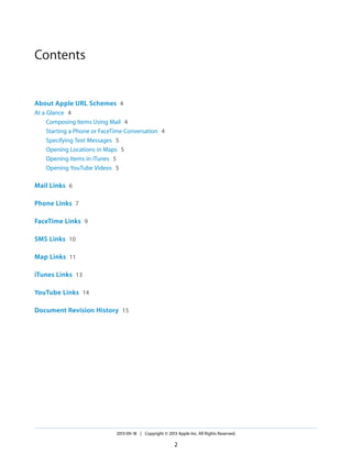 Contents

About Apple URL Schemes 4
At a Glance 4
Composing Items Using Mail 4
Starting a Phone or FaceTime Conversation 4
Specifying Text Messages 5
Opening Locations in Maps 5
Opening Items in iTunes 5
Opening YouTube Videos 5

Mail Links 6
Phone Links 7
FaceTime Links 9
SMS Links 10
Map Links 11
iTunes Links 13
YouTube Links 14
Document Revision History 15

2013-09-18 | Copyright © 2013 Apple Inc. All Rights Reserved.

2

 