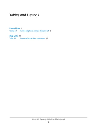 Tables and Listings

Phone Links 7
Listing 2-1

Turning telephone number detection off 8

Map Links 11
Table 5-1

Supported Apple Maps parameters 12

2013-09-18 | Copyright © 2013 Apple Inc. All Rights Reserved.

3

 