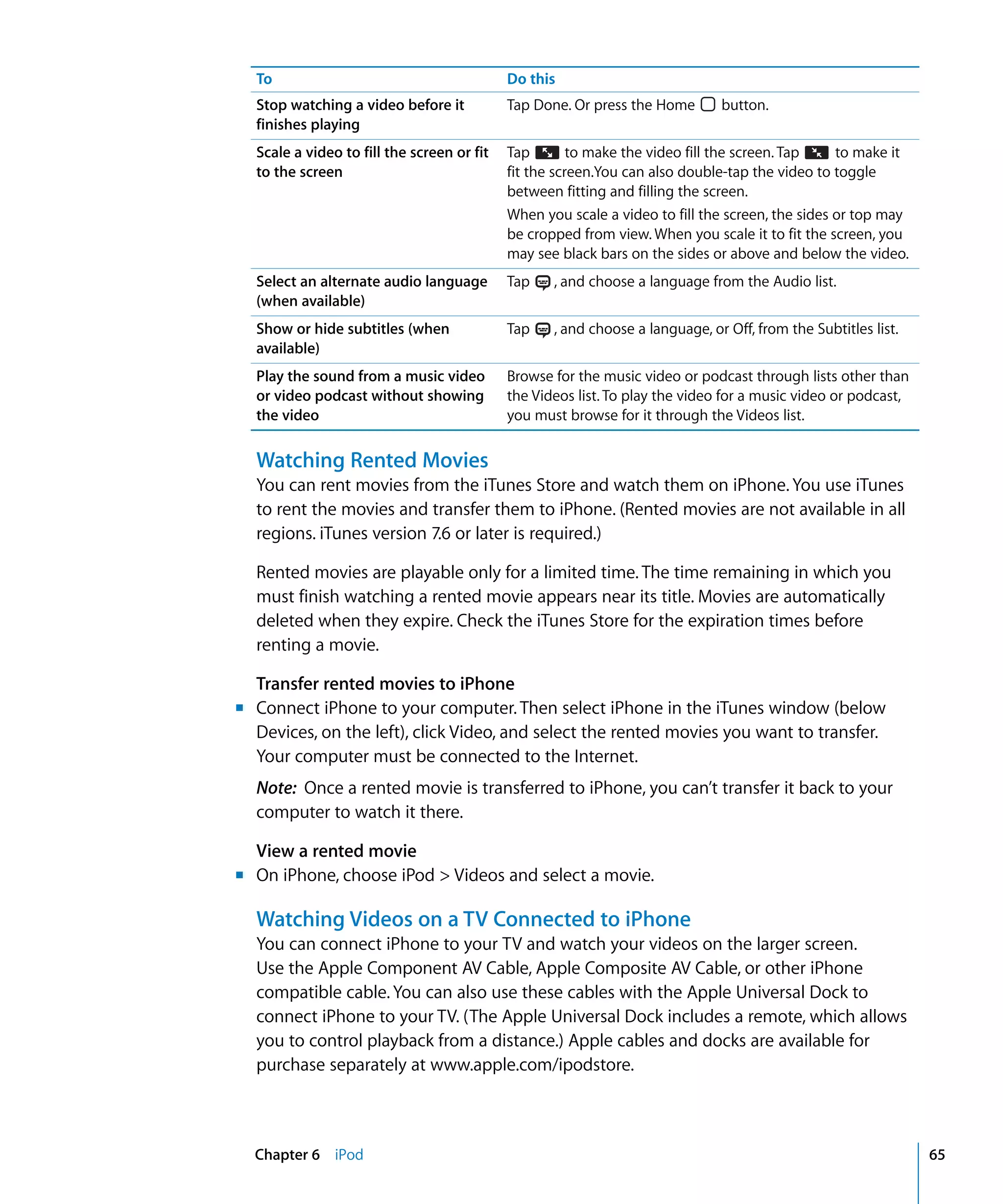 Chapter 6 iPod 65
To Do this
Stop watching a video before it
finishes playing
Tap Done. Or press the Home button.
Scale a video to fill the screen or fit
to the screen
Tap to make the video fill the screen. Tap to make it
fit the screen.You can also double-tap the video to toggle
between fitting and filling the screen.
When you scale a video to fill the screen, the sides or top may
be cropped from view. When you scale it to fit the screen, you
may see black bars on the sides or above and below the video.
Select an alternate audio language
(when available)
Tap , and choose a language from the Audio list.
Show or hide subtitles (when
available)
Tap , and choose a language, or Off, from the Subtitles list.
Play the sound from a music video
or video podcast without showing
the video
Browse for the music video or podcast through lists other than
the Videos list. To play the video for a music video or podcast,
you must browse for it through the Videos list.
Watching Rented Movies
You can rent movies from the iTunes Store and watch them on iPhone. You use iTunes
to rent the movies and transfer them to iPhone. (Rented movies are not available in all
regions. iTunes version 7.6 or later is required.)
Rented movies are playable only for a limited time. The time remaining in which you
must finish watching a rented movie appears near its title. Movies are automatically
deleted when they expire. Check the iTunes Store for the expiration times before
renting a movie.
Transfer rented movies to iPhone
m	 Connect iPhone to your computer. Then select iPhone in the iTunes window (below
Devices, on the left), click Video, and select the rented movies you want to transfer.
Your computer must be connected to the Internet.
Note: Once a rented movie is transferred to iPhone, you can’t transfer it back to your
computer to watch it there.
View a rented movie
m	 On iPhone, choose iPod > Videos and select a movie.
Watching Videos on a TV Connected to iPhone
You can connect iPhone to your TV and watch your videos on the larger screen.
Use the Apple Component AV Cable, Apple Composite AV Cable, or other iPhone
compatible cable. You can also use these cables with the Apple Universal Dock to
connect iPhone to your TV. (The Apple Universal Dock includes a remote, which allows
you to control playback from a distance.) Apple cables and docks are available for
purchase separately at www.apple.com/ipodstore.
 