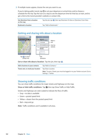5	 If multiple routes appear, choose the one you want to use.
If you’re taking public transit, tap to set your departure or arrival time, and to choose a
schedule for the trip. Tap the icon at a stop to see the departure time for that bus or train, and to
get a link to the transit provider’s website or contact info.
Get directions from a location
on the map
Tap the pin, tap , then tap Directions To Here or Directions From Here.
Bookmark a location Tap Add to Bookmarks.”
Getting and sharing info about a location
Get
directions.
Visit the
website.
Tap to show
contact info.
Make a
call.
Get or share info about a location:  Tap the pin, then tap .
Add a business to your contacts Tap“Add to Contacts.”
Tweet, text, or email your location Tap Share Location.
Note:  To post a Tweet, you must be logged in to your Twitter account. Go to
Settings  Twitter.
Showing traffic conditions
You can show traffic conditions for major streets and highways on the map.
Show or hide traffic conditions:  Tap , then tap Show Traffic or Hide Traffic.
Streets and highways are color-coded to indicate the flow of traffic:
Gray—no data is availableÂÂ
Green—posted speed limitÂÂ
Yellow—slower than the posted speed limitÂÂ
Red—stop and goÂÂ
Note:  Traffic conditions aren’t available in all areas.
102 Chapter 15    Maps
 