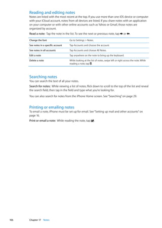 Reading and editing notes
Notes are listed with the most recent at the top. If you use more than one iOS device or computer
with your iCloud account, notes from all devices are listed. If you share notes with an application
on your computer or with other online accounts such as Yahoo or Gmail, those notes are
organized by account.
Read a note:  Tap the note in the list. To see the next or previous note, tap or .
Change the font Go to Settings  Notes.
See notes in a specific account Tap Accounts and choose the account.
See notes in all accounts Tap Accounts and choose All Notes.
Edit a note Tap anywhere on the note to bring up the keyboard.
Delete a note While looking at the list of notes, swipe left or right across the note. While
reading a note, tap .
Searching notes
You can search the text of all your notes.
Search for notes:  While viewing a list of notes, flick down to scroll to the top of the list and reveal
the search field, then tap in the field and type what you’re looking for.
You can also search for notes from the iPhone Home screen. See“Searching” on page 29.
Printing or emailing notes
To email a note, iPhone must be set up for email. See“Setting up mail and other accounts” on
page 16.
Print or email a note:  While reading the note, tap .
106 Chapter 17    Notes
 