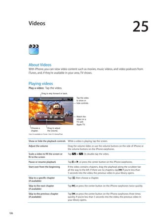 Videos
25
About Videos
With iPhone, you can view video content such as movies, music videos, and video podcasts from
iTunes, and, if they’re available in your area, TV shows.
Playing videos
Play a video:  Tap the video.
Tap the video
to show or
hide controls.
Watch the
video on a
TV with
Apple TV.
Drag to skip forward or back.
Choose a
chapter.
Drag to adjust
the volume.
Cars 2 is available on iTunes. Cars 2 © Disney/Pixar.
Show or hide the playback controls While a video is playing, tap the screen.
Adjust the volume Drag the volume slider, or use the volume buttons on the side of iPhone or
the volume buttons on the iPhone earphones.
Scale a video to fill the screen or
fit to the screen
Tap or . Or, double-tap the video.
Pause or resume playback Tap or , or press the center button on the iPhone earphones.
Start over from the beginning If the video contains chapters, drag the playhead along the scrubber bar
all the way to the left. If there are no chapters, tap . If you’re less than
5 seconds into the video, the previous video in your library opens.
Skip to a specific chapter
(if available)
Tap , then choose a chapter.
Skip to the next chapter
(if available)
Tap , or press the center button on the iPhone earphones twice quickly.
Skip to the previous chapter
(if available)
Tap , or press the center button on the iPhone earphones three times
quickly. If you’re less than 5 seconds into the video, the previous video in
your library opens.
126
 