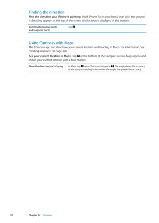 Finding the direction
Find the direction your iPhone is pointing:  Hold iPhone flat in your hand, level with the ground.
Its heading appears at the top of the screen and location is displayed at the bottom.
Switch between true north
and magnetic north
Tap .
Using Compass with Maps
The Compass app can also show your current location and heading in Maps. For information, see
“Finding locations” on page 100.
See your current location in Maps:  Tap at the bottom of the Compass screen. Maps opens and
shows your current location with a blue marker.
Show the direction you’re facing In Maps, tap twice.The icon changes to .The angle shows the accuracy
of the compass reading—the smaller the angle, the greater the accuracy.
132 Chapter 27    Compass
 