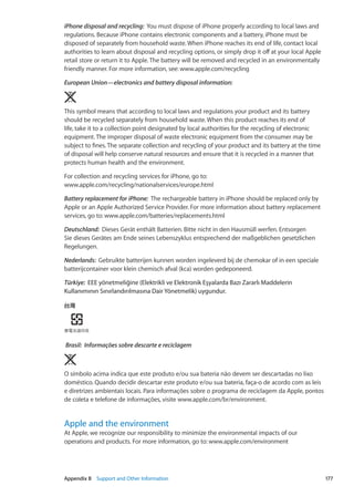 iPhone disposal and recycling:  You must dispose of iPhone properly according to local laws and
regulations. Because iPhone contains electronic components and a battery, iPhone must be
disposed of separately from household waste. When iPhone reaches its end of life, contact local
authorities to learn about disposal and recycling options, or simply drop it off at your local Apple
retail store or return it to Apple. The battery will be removed and recycled in an environmentally
friendly manner. For more information, see: www.apple.com/recycling
European Union—electronics and battery disposal information: 
This symbol means that according to local laws and regulations your product and its battery
should be recycled separately from household waste. When this product reaches its end of
life, take it to a collection point designated by local authorities for the recycling of electronic
equipment. The improper disposal of waste electronic equipment from the consumer may be
subject to fines. The separate collection and recycling of your product and its battery at the time
of disposal will help conserve natural resources and ensure that it is recycled in a manner that
protects human health and the environment.
For collection and recycling services for iPhone, go to:
www.apple.com/recycling/nationalservices/europe.html
Battery replacement for iPhone:  The rechargeable battery in iPhone should be replaced only by
Apple or an Apple Authorized Service Provider. For more information about battery replacement
services, go to: www.apple.com/batteries/replacements.html
Deutschland:  Dieses Gerät enthält Batterien. Bitte nicht in den Hausmüll werfen. Entsorgen
Sie dieses Gerätes am Ende seines Lebenszyklus entsprechend der maßgeblichen gesetzlichen
Regelungen.
Nederlands:  Gebruikte batterijen kunnen worden ingeleverd bij de chemokar of in een speciale
batterijcontainer voor klein chemisch afval (kca) worden gedeponeerd.
Türkiye:  EEE yönetmeliğine (Elektrikli ve Elektronik Eşyalarda Bazı Zararlı Maddelerin
Kullanımının Sınırlandırılmasına Dair Yönetmelik) uygundur.
Brasil:  Informações sobre descarte e reciclagem
O símbolo acima indica que este produto e/ou sua bateria não devem ser descartadas no lixo
doméstico. Quando decidir descartar este produto e/ou sua bateria, faça-o de acordo com as leis
e diretrizes ambientais locais. Para informações sobre o programa de reciclagem da Apple, pontos
de coleta e telefone de informações, visite www.apple.com/br/environment.
Apple and the environment
At Apple, we recognize our responsibility to minimize the environmental impacts of our
operations and products. For more information, go to: www.apple.com/environment
177Appendix B    Support and Other Information
 