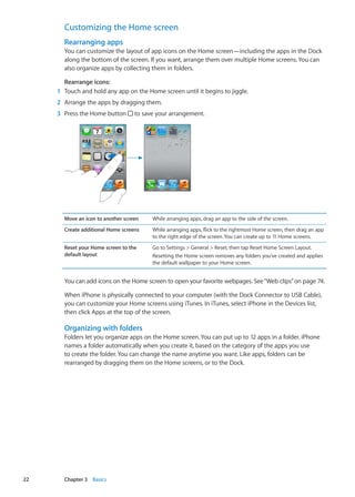 Customizing the Home screen
Rearranging apps
You can customize the layout of app icons on the Home screen—including the apps in the Dock
along the bottom of the screen. If you want, arrange them over multiple Home screens. You can
also organize apps by collecting them in folders.
Rearrange icons:
	 1	 Touch and hold any app on the Home screen until it begins to jiggle.
	 2	 Arrange the apps by dragging them.
	 3	 Press the Home button to save your arrangement.
Move an icon to another screen While arranging apps, drag an app to the side of the screen.
Create additional Home screens While arranging apps, flick to the rightmost Home screen, then drag an app
to the right edge of the screen. You can create up to 11 Home screens.
Reset your Home screen to the
default layout
Go to Settings  General  Reset, then tap Reset Home Screen Layout.
Resetting the Home screen removes any folders you’ve created and applies
the default wallpaper to your Home screen.
You can add icons on the Home screen to open your favorite webpages. See“Web clips” on page 74.
When iPhone is physically connected to your computer (with the Dock Connector to USB Cable),
you can customize your Home screens using iTunes. In iTunes, select iPhone in the Devices list,
then click Apps at the top of the screen.
Organizing with folders
Folders let you organize apps on the Home screen. You can put up to 12 apps in a folder. iPhone
names a folder automatically when you create it, based on the category of the apps you use
to create the folder. You can change the name anytime you want. Like apps, folders can be
rearranged by dragging them on the Home screens, or to the Dock.
22 Chapter 3    Basics
 