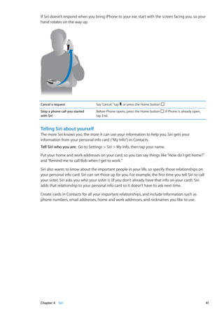 If Siri doesn’t respond when you bring iPhone to your ear, start with the screen facing you, so your
hand rotates on the way up.
Cancel a request Say“cancel,”tap , or press the Home button .
Stop a phone call you started
with Siri
Before Phone opens, press the Home button . If Phone is already open,
tap End.
Telling Siri about yourself
The more Siri knows you, the more it can use your information to help you. Siri gets your
information from your personal info card (“My Info”) in Contacts.
Tell Siri who you are: Go to Settings  Siri  My Info, then tap your name.
Put your home and work addresses on your card, so you can say things like“How do I get home?”
and“Remind me to call Bob when I get to work.”
Siri also wants to know about the important people in your life, so specify those relationships on
your personal info card. Siri can set those up for you. For example, the first time you tell Siri to call
your sister, Siri asks you who your sister is (if you don’t already have that info on your card). Siri
adds that relationship to your personal info card so it doesn’t have to ask next time.
Create cards in Contacts for all your important relationships, and include information such as
phone numbers, email addresses, home and work addresses, and nicknames you like to use.
41Chapter 4    Siri
 
