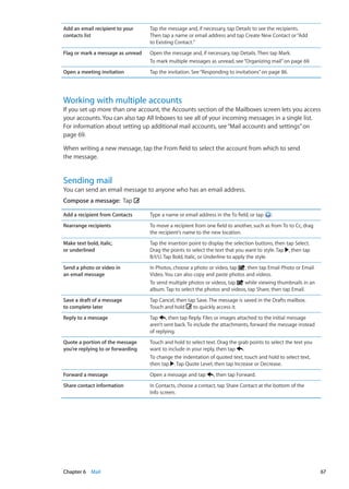 Add an email recipient to your
contacts list
Tap the message and, if necessary, tap Details to see the recipients.
Then tap a name or email address and tap Create New Contact or“Add
to Existing Contact.”
Flag or mark a message as unread Open the message and, if necessary, tap Details. Then tap Mark.
To mark multiple messages as unread, see“Organizing mail” on page 69.
Open a meeting invitation Tap the invitation. See“Responding to invitations” on page 86.
Working with multiple accounts
If you set up more than one account, the Accounts section of the Mailboxes screen lets you access
your accounts. You can also tap All Inboxes to see all of your incoming messages in a single list.
For information about setting up additional mail accounts, see“Mail accounts and settings” on
page 69.
When writing a new message, tap the From field to select the account from which to send
the message.
Sending mail
You can send an email message to anyone who has an email address.
Compose a message:  Tap
Add a recipient from Contacts Type a name or email address in the To field, or tap .
Rearrange recipients To move a recipient from one field to another, such as from To to Cc, drag
the recipient’s name to the new location.
Make text bold, italic,
or underlined
Tap the insertion point to display the selection buttons, then tap Select.
Drag the points to select the text that you want to style. Tap , then tap
B/I/U. Tap Bold, Italic, or Underline to apply the style.
Send a photo or video in
an email message
In Photos, choose a photo or video, tap , then tap Email Photo or Email
Video. You can also copy and paste photos and videos.
To send multiple photos or videos, tap while viewing thumbnails in an
album. Tap to select the photos and videos, tap Share, then tap Email.
Save a draft of a message
to complete later
Tap Cancel, then tap Save. The message is saved in the Drafts mailbox.
Touch and hold to quickly access it.
Reply to a message Tap , then tap Reply. Files or images attached to the initial message
aren’t sent back. To include the attachments, forward the message instead
of replying.
Quote a portion of the message
you’re replying to or forwarding
Touch and hold to select text. Drag the grab points to select the text you
want to include in your reply, then tap .
To change the indentation of quoted text, touch and hold to select text,
then tap . Tap Quote Level, then tap Increase or Decrease.
Forward a message Open a message and tap , then tap Forward.
Share contact information In Contacts, choose a contact, tap Share Contact at the bottom of the
Info screen.
67Chapter 6    Mail
 