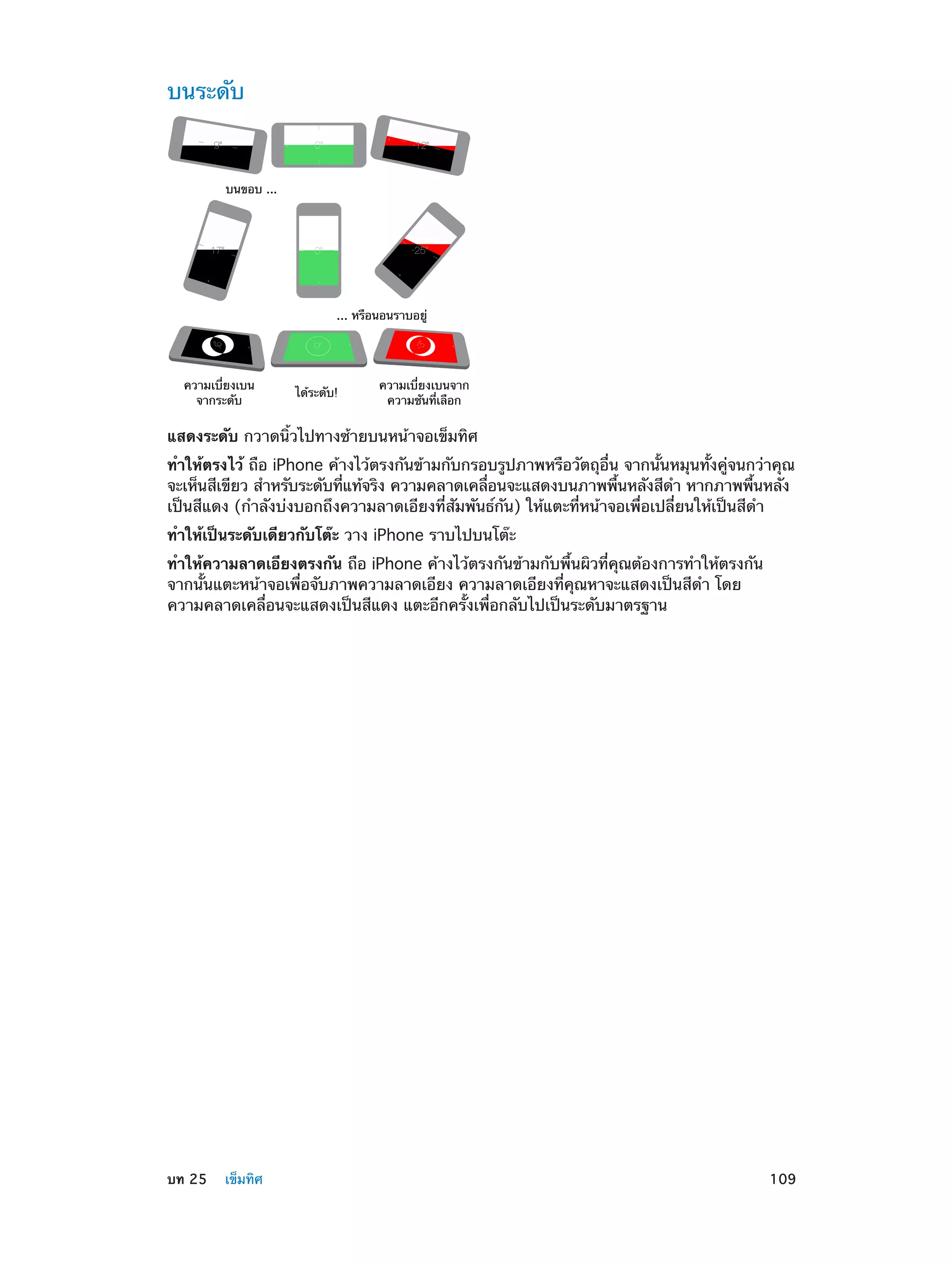 บนระดับ

บนขอบ ...

... หรือนอนราบอยู�

ความเบี่ยงเบน
จากระดับ

ได�ระดับ!

ความเบี่ยงเบนจาก
ความชันที่เลือก

แสดงระดับ กวาดนิ้วไปทางซ้ายบนหน้าจอเข็มทิศ
ทำ�ให้ตรงไว้ ถือ iPhone ค้างไว้ตรงกันข้ามกับกรอบรูปภาพหรือวัตถุอื่น จากนั้นหมุนทั้งคู่จนกว่าคุณ
จะเห็นสีเขียว สำ�หรับระดับทีแท้จริง ความคลาดเคลือนจะแสดงบนภาพพืนหลังสีด� หากภาพพืนหลัง
่
้
ำ
่
้
เป็นสีแดง (กำ�ลังบ่งบอกถึงความลาดเอียงที่สัมพันธ์กัน) ให้แตะที่หน้าจอเพื่อเปลี่ยนให้เป็นสีด�
ำ
ทำ�ให้เป็นระดับเดียวกับโต๊ะ วาง iPhone ราบไปบนโต๊ะ
ทำ�ให้ความลาดเอียงตรงกัน ถือ iPhone ค้างไว้ตรงกันข้ามกับพื้นผิวที่คุณต้องการทำ�ให้ตรงกัน
จากนั้นแตะหน้าจอเพื่อจับภาพความลาดเอียง ความลาดเอียงที่คุณหาจะแสดงเป็นสีดำ� โดย
ความคลาดเคลื่อนจะแสดงเป็นสีแดง แตะอีกครั้งเพื่อกลับไปเป็นระดับมาตรฐาน

	

บท 25    เข็มทิศ	

109

 