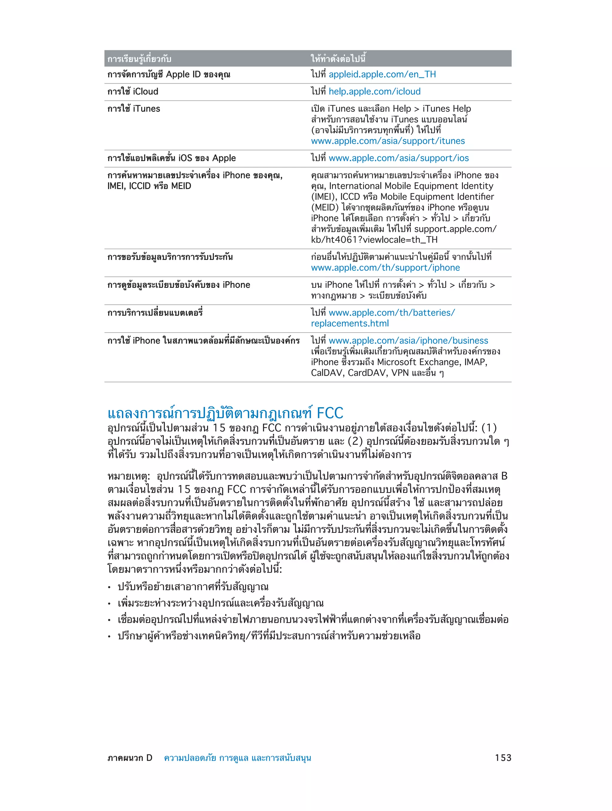 การเรียนรู้เกี่ยวกับ

ให้ทำ�ดังต่อไปนี้

การจัดการบัญชี Apple ID ของคุณ

ไปที่ appleid.apple.com/en_TH

การใช้ iCloud

ไปที่ help.apple.com/icloud

การใช้ iTunes

เปิด iTunes และเลือก Help > iTunes Help
สำ�หรับการสอนใช้งาน iTunes แบบออนไลน์
(อาจไม่มีบริการครบทุกพื้นที่) ให้ไปที่
www.apple.com/asia/support/itunes

การใช้แอปพลิเคชั่น iOS ของ Apple

ไปที่ www.apple.com/asia/support/ios

การค้นหาหมายเลขประจำ�เครื่อง iPhone ของคุณ,
IMEI, ICCID หรือ MEID

คุณสามารถค้นหาหมายเลขประจำ�เครื่อง iPhone ของ
คุณ, International Mobile Equipment Identity
(IMEI), ICCD หรือ Mobile Equipment Identifier
(MEID) ได้จากชุดผลิตภัณฑ์ของ iPhone หรือดูบน
iPhone ได้โดยเลือก การตั้งค่า > ทั่วไป > เกี่ยวกับ
สำ�หรับข้อมูลเพิ่มเติม ให้ไปที่ support.apple.com/
kb/ht4061?viewlocale=th_TH

การขอรับข้อมูลบริการการรับประกัน

ก่อนอื่นให้ปฏิบัติตามคำ�แนะนำ�ในคู่มือนี้ จากนั้นไปที่
www.apple.com/th/support/iphone

การดูข้อมูลระเบียบข้อบังคับของ iPhone

บน iPhone ให้ไปที่ การตั้งค่า > ทั่วไป > เกี่ยวกับ >
ทางกฎหมาย > ระเบียบข้อบังคับ

การบริการเปลี่ยนแบตเตอรี่

ไปที่ www.apple.com/th/batteries/
replacements.html

การใช้ iPhone ในสภาพแวดล้อมที่มีลักษณะเป็นองค์กร

ไปที่ www.apple.com/asia/iphone/business
เพื่อเรียนรู้เพิ่มเติมเกี่ยวกับคุณสมบัติส�หรับองค์กรของ
ำ
iPhone ซึ่งรวมถึง Microsoft Exchange, IMAP,
CalDAV, CardDAV, VPN และอื่น ๆ

แถลงการณ์การปฏิบัติตามกฎเกณฑ์ FCC

อุปกรณ์นี้เป็นไปตามส่วน 15 ของกฎ FCC การดำ�เนินงานอยู่ภายใต้สองเงื่อนไขดังต่อไปนี้: (1)
อุปกรณ์นอาจไม่เป็นเหตุให้เกิดสิงรบกวนทีเป็นอันตราย และ (2) อุปกรณ์นตองยอมรับสิงรบกวนใด ๆ
้ี
่
่
้ี ้
่
ที่ได้รับ รวมไปถึงสิ่งรบกวนที่อาจเป็นเหตุให้เกิดการดำ�เนินงานที่ไม่ต้องการ
หมายเหตุ:  อุปกรณ์นได้รบการทดสอบและพบว่าเป็นไปตามการจำ�กัดสำ�หรับอุปกรณ์ดจตอลคลาส B
้ี ั
ิ ิ
ตามเงื่อนไขส่วน 15 ของกฎ FCC การจำ�กัดเหล่านี้ได้รับการออกแบบเพื่อให้การปกป้องที่สมเหตุ
สมผลต่อสิ่งรบกวนที่เป็นอันตรายในการติดตั้งในที่พักอาศัย อุปกรณ์นี้สร้าง ใช้ และสามารถปล่อย
พลังงานความถี่วิทยุและหากไม่ได้ติดตั้งและถูกใช้ตามคำ�แนะนำ� อาจเป็นเหตุให้เกิดสิ่งรบกวนที่เป็น
อันตรายต่อการสือสารด้วยวิทยุ อย่างไรก็ตาม ไม่มการรับประกันทีสงรบกวนจะไม่เกิดขึนในการติดตัง
่
ี
่ ่ิ
้
้
เฉพาะ หากอุปกรณ์นี้เป็นเหตุให้เกิดสิ่งรบกวนที่เป็นอันตรายต่อเครื่องรับสัญญาณวิทยุและโทรทัศน์
ทีสามารถถูกกำ�หนดโดยการเปิดหรือปิดอุปกรณ์ได้ ผูใช้จะถูกสนับสนุนให้ลองแก้ไขสิงรบกวนให้ถกต้อง
่
้
่
ู
โดยมาตราการหนึ่งหรือมากกว่าดังต่อไปนี้:
••
••
••
••

	

ปรับหรือย้ายเสาอากาศที่รับสัญญาณ

เพิ่มระยะห่างระหว่างอุปกรณ์และเครื่องรับสัญญาณ

เชือมต่ออุปกรณ์ไปทีแหล่งจ่ายไฟภายนอกบนวงจรไฟฟ้าทีแตกต่างจากทีเครืองรับสัญญาณเชือมต่อ
่
่
่
่ ่
่
ปรึกษาผู้ค้าหรือช่างเทคนิควิทยุ/ทีวีที่มีประสบการณ์สำ�หรับความช่วยเหลือ

ภาคผนวก D    ความปลอดภัย การดูแล และการสนับสนุน	

153

 