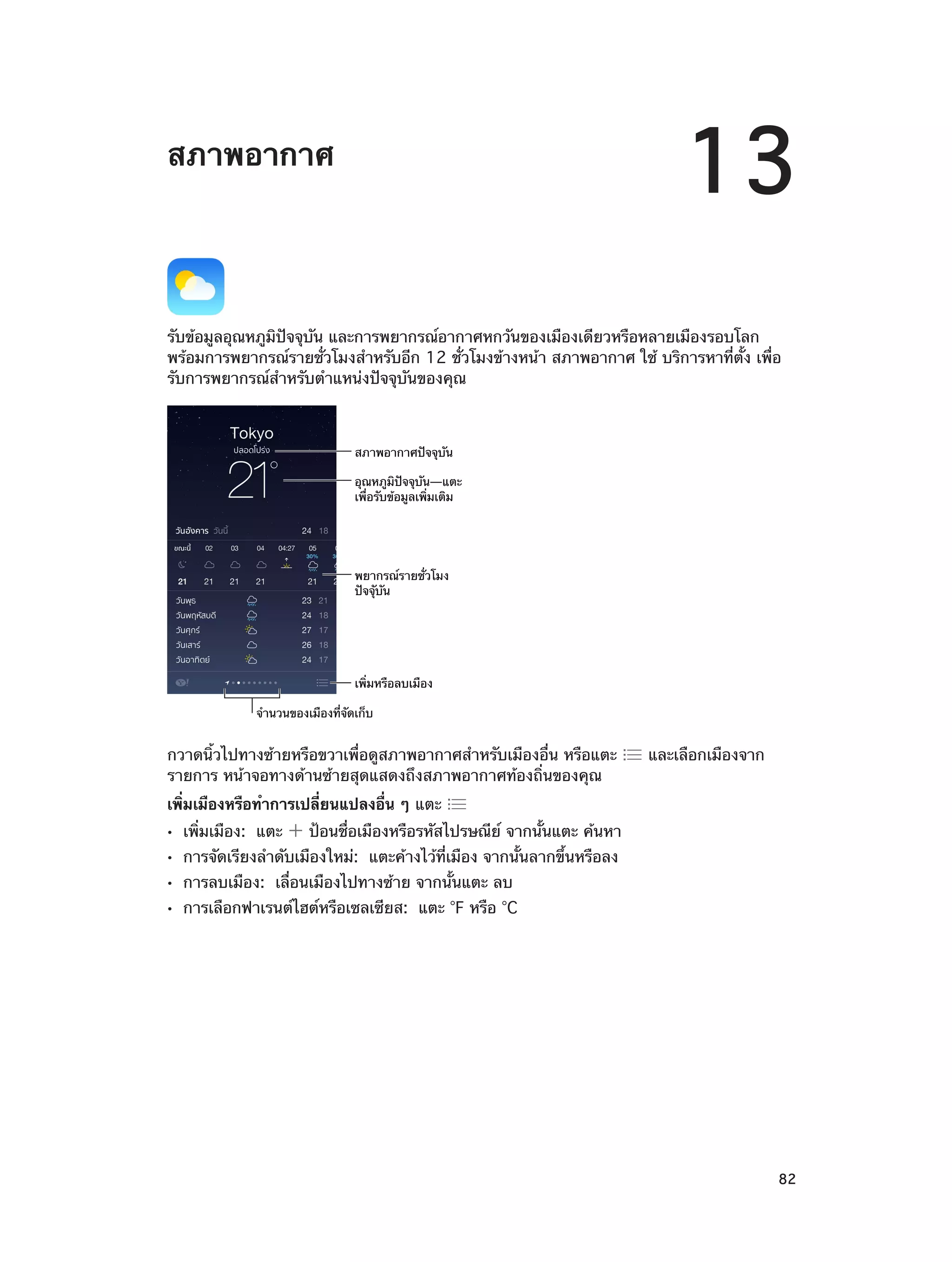 13

สภาพอากาศ

รับข้อมูลอุณหภูมิปัจจุบัน และการพยากรณ์อากาศหกวันของเมืองเดียวหรือหลายเมืองรอบโลก
พร้อมการพยากรณ์รายชั่วโมงสำ�หรับอีก 12 ชั่วโมงข้างหน้า สภาพอากาศ ใช้ บริการหาที่ตั้ง เพื่อ
รับการพยากรณ์สำ�หรับตำ�แหน่งปัจจุบันของคุณ

สภาพอากาศป�จจุบัน
อุณหภูมิป�จจุบัน—แตะ
เพื่อรับข�อมูลเพิ่มเติม

พยากรณ�รายชั่วโมง
ป�จจุับัน

เพิ่มหรือลบเมือง
จำนวนของเมืองที่จัดเก็บ

กวาดนิ้วไปทางซ้ายหรือขวาเพื่อดูสภาพอากาศสำ�หรับเมืองอื่น หรือแตะ
รายการ หน้าจอทางด้านซ้ายสุดแสดงถึงสภาพอากาศท้องถิ่นของคุณ

และเลือกเมืองจาก

เพิ่มเมืองหรือทำ�การเปลี่ยนแปลงอื่น ๆ แตะ
••
••
••
••

		

เพิ่มเมือง:  แตะ

ป้อนชื่อเมืองหรือรหัสไปรษณีย์ จากนั้นแตะ ค้นหา

การจัดเรียงลำ�ดับเมืองใหม่:  แตะค้างไว้ที่เมือง จากนั้นลากขึ้นหรือลง
การลบเมือง:  เลื่อนเมืองไปทางซ้าย จากนั้นแตะ ลบ

การเลือกฟาเรนต์ไฮต์หรือเซลเซียส:  แตะ °F หรือ °C

82

 