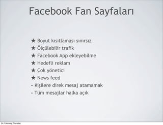 Facebook Fan Sayfaları

                        ★ Boyut kısıtlaması sınırsız
                        ★ Ölçülebilir trafik
                        ★ Facebook App ekleyebilme
                        ★ Hedefli reklam
                        ★ Çok yönetici
                        ★ News feed
                        - Kişilere direk mesaj atamamak
                        - Tüm mesajlar halka açık



24, February,Thursday
 
