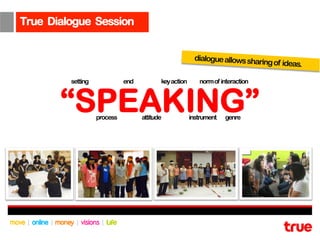 True Dialogue Session


                                                        dialogue allows shari
                                                                             ng of ideas.

         setting             end          key action      norm of interaction



       “SPEAKING”  process         attitude            instrument   genre
 