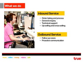 What we do

             Inbound Service
              •    Order taking and process
              •    General enquiry
              •    Technical support
              •    Up-selling and cross-selling



             Outbound Service
              •  Follow up cases
              •  Proactive communication
 