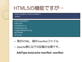 HTML5ΙCܤǤ
<html manifest=cache.manifest>
</html>

CACHE MANIFEST
index.html
style/default.css
images/logo.png
images/backgound.png
NETWORK:
server.cgi


?   बHTMLvmanifest?

?   ApacheȤ¤ӛdҪǤ

    AddType text/cache-manifest .manifest
 