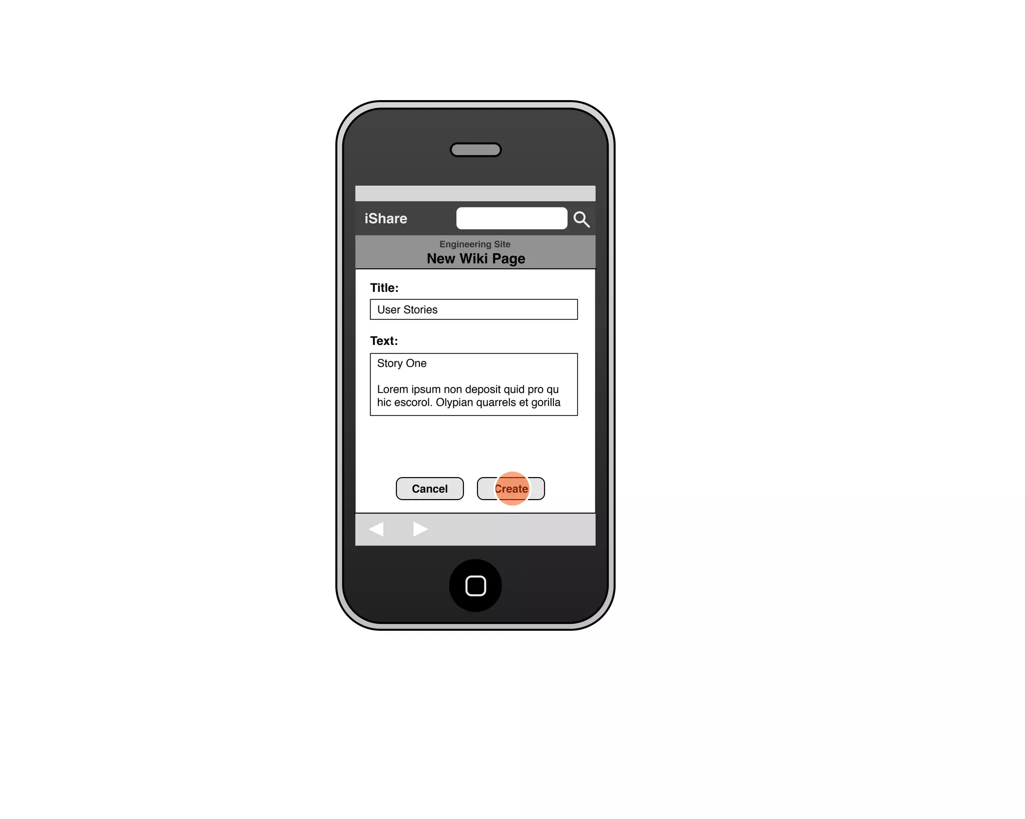 Share for iPhone UI Wireframes - Creating a Wiki Page from a Site