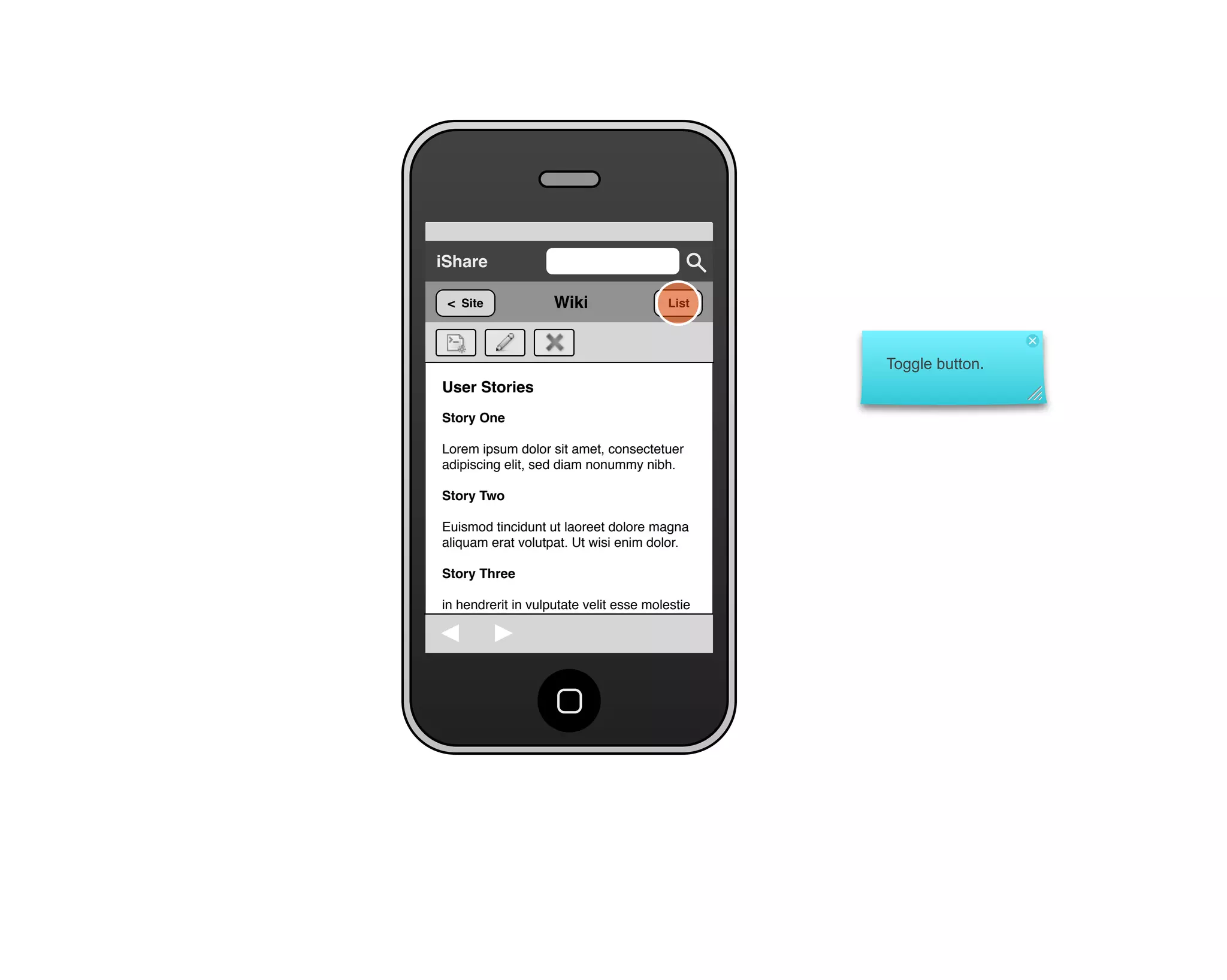 Share for iPhone UI Wireframes - Creating a Wiki Page from a Site