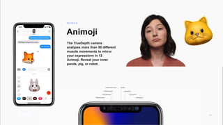 Window 11
Animoji
The TrueDepth camera
analyzes more than 50 different
muscle movements to mirror
your expressions in 12
Animoji. Reveal your inner
panda, pig, or robot.
D E TA I L S
 