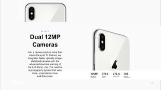 Window 13
Dual 12MP
Cameras
Can a camera capture more than
meets the eye? To find out, we
integrated faster, optically image-
stabilized cameras with the
advanced machine learning of
the A11 Bionic chip. The result is
a photography system that sees
more, understands more,
and does more.
D E TA I L S
 
