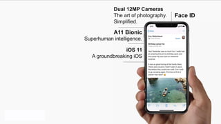 Window
Face ID
A11 Bionic
Superhuman intelligence.
iOS 11
A groundbreaking iOS
Dual 12MP Cameras
The art of photography.
Simplified.
 