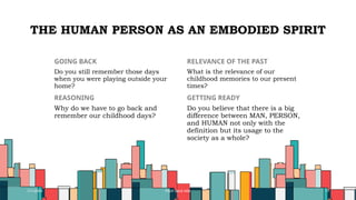 THE HUMAN PERSON AS AN EMBODIED SPIRIT
GOING BACK
Do you still remember those days
when you were playing outside your
home?
REASONING
Why do we have to go back and
remember our childhood days?
RELEVANCE OF THE PAST
What is the relevance of our
childhood memories to our present
times?
GETTING READY
Do you believe that there is a big
difference between MAN, PERSON,
and HUMAN not only with the
definition but its usage to the
society as a whole?
7/1/20XX Pitch deck title 13
 