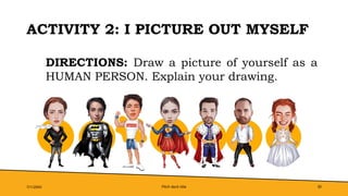 Pitch deck title 30
ACTIVITY 2: I PICTURE OUT MYSELF
7/1/20XX
DIRECTIONS: Draw a picture of yourself as a
HUMAN PERSON. Explain your drawing.
 