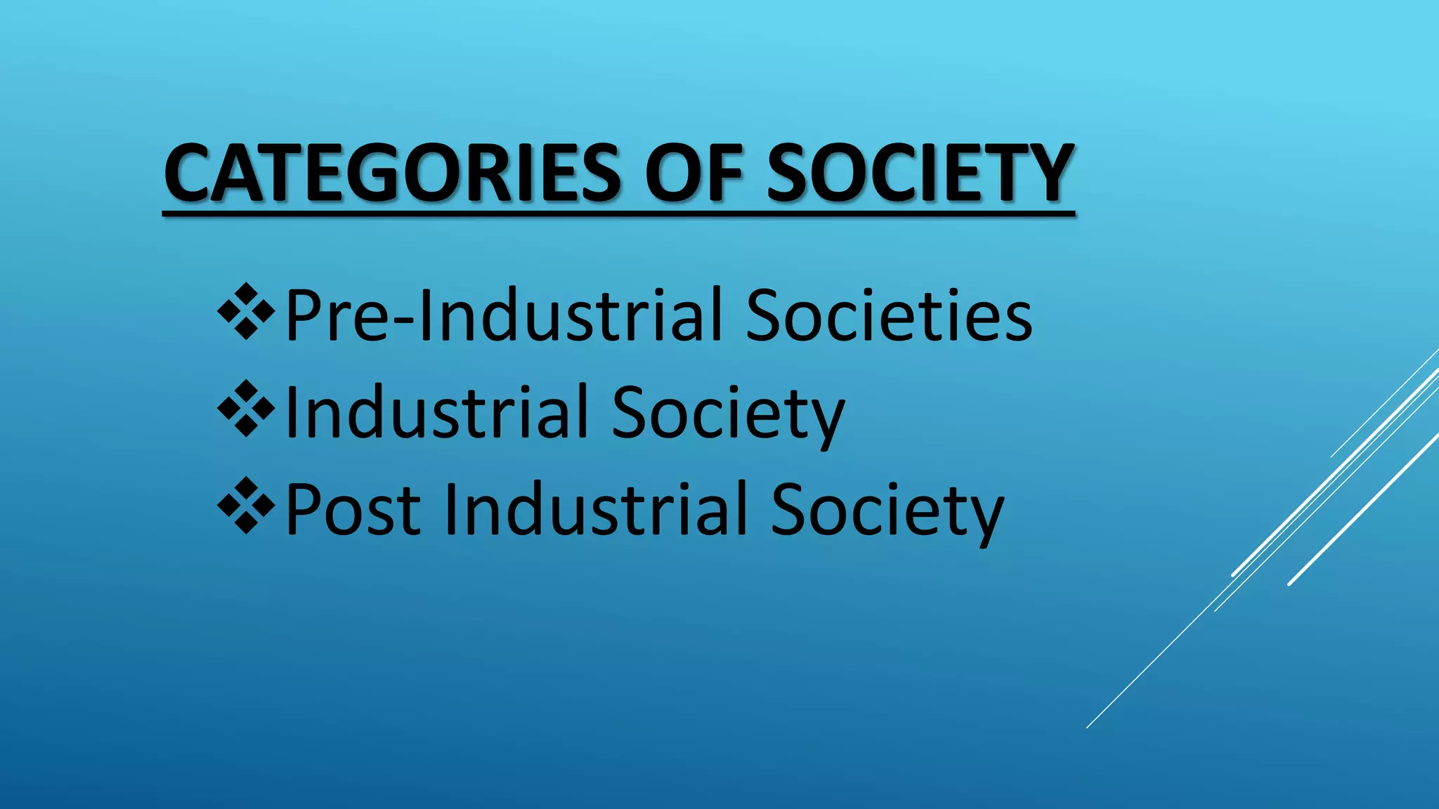 CATEGORIES OF SOCIETY
Pre-Industrial Societies
Industrial Society
Post Industrial Society
 
