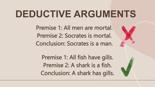 Premise 1: All men are mortal.
Premise 2: Socrates is mortal.
Conclusion: Socrates is a man.
Premise 1: All fish have gills.
Premise 2: A shark is a fish.
Conclusion: A shark has gills.
DEDUCTIVE ARGUMENTS
 