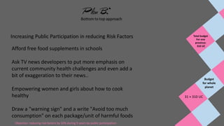 Afford free food supplements in schools
Ask TV news developers to put more emphasis on
current community health challenges and even add a
bit of exaggeration to their news..
Empowering women and girls about how to cook
healthy
Draw a "warning sign" and a write "Avoid too much
consumption" on each package/unit of harmful foods
Objective: reducing risk factors by 10% during 5 years by public participation.
Total budget
For one
province:
310 UC
Budget
for whole
planet
31 × 310 UC
 