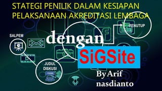 JUDUL
DISKUSI
MATERI
PENUTUP
SALPEM
SiGSite
STATEGI PENILIK DALAM KESIAPAN
PELAKSANAAN AKREDITASI LEMBAGA
dengan
ByArif
nasdianto
 