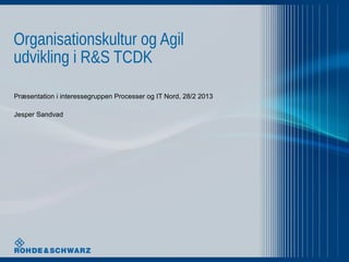 Organisationskultur og Agil
udvikling i R&S TCDK

Præsentation i interessegruppen Processer og IT Nord, 28/2 2013

Jesper Sandvad
 