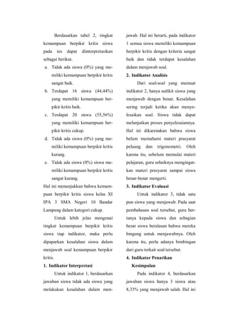 Berdasarkan tabel 2, tingkat
kemampuan berpikir kritis siswa
pada tes dapat diinterpretasikan
sebagai berikut.
a. Tidak ada siswa (0%) yang me-
miliki kemampuan berpikir kritis
sangat baik.
b. Terdapat 16 siswa (44,44%)
yang memiliki kemampuan ber-
pikir kritis baik.
c. Terdapat 20 siswa (55,56%)
yang memiliki kemampuan ber-
pikir kritis cukup.
d. Tidak ada siswa (0%) yang me-
miliki kemampuan berpikir kritis
kurang.
e. Tidak ada siswa (0%) siswa me-
miliki kemampuan berpikir kritis
sangat kurang.
Hal ini menunjukkan bahwa kemam-
puan berpikir kritis siswa kelas XI
IPA 3 SMA Negeri 10 Bandar
Lampung dalam kategori cukup.
Untuk lebih jelas mengenai
tingkat kemampuan berpikir kritis
siswa tiap indikator, maka perlu
dipaparkan kesalahan siswa dalam
menjawab soal kemampuan berpikir
kritis.
1. Indikator Interpretasi
Untuk indikator 1, berdasarkan
jawaban siswa tidak ada siswa yang
melakukan kesalahan dalam men-
jawab. Hal ini berarti, pada indikator
1 semua siswa memiliki kemampuan
berpikir kritis dengan kriteria sangat
baik dan tidak terdapat kesalahan
dalam menjawab soal.
2. Indikator Analisis
Dari soal-soal yang memuat
indikator 2, hanya sedikit siswa yang
menjawab dengan benar. Kesalahan
sering terjadi ketika akan menye-
lesaikan soal. Siswa tidak dapat
melanjutkan proses penyelesaiannya.
Hal ini dikarenakan bahwa siswa
belum memahami materi prasyarat
peluang dan trigonometri. Oleh
karena itu, sebelum memulai materi
pelajaran, guru sebaiknya mengingat-
kan materi prasyarat sampai siswa
benar-benar mengerti.
3. Indikator Evaluasi
Untuk indikator 3, tidak satu
pun siswa yang menjawab. Pada saat
pembahasan soal tersebut, guru ber-
tanya kepada siswa dan sebagian
besar siswa beralasan bahwa mereka
bingung untuk menjawabnya. Oleh
karena itu, perlu adanya bimbingan
dari guru terkait soal tersebut.
4. Indikator Penarikan
Kesimpulan
Pada indikator 4, berdasarkan
jawaban siswa hanya 3 siswa atau
8,33% yang menjawab salah. Hal ini
 