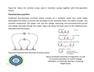 Figure (3) shows the common arrays used in resistivity surveys together with their geometric
factors.
Resistivity Data acquisition
Traditional four-electrode resistivity system consists of a resistivity meter, four metal stakes
(electrodes) and cables to connect the electrodes to the resistivity meter. The system includes two
essential components: the power unit and the voltage measuring unit connected to the current
and voltage electrode through the cables. Figure (4) shows the basic parts of the traditional four-
electrode resistivity system.
Figure (4) Traditional four-electrode resistivity system
3
Figure (3) Popular electrode arrangements. C1 and
C2: Current electrodes, P1 and P2: Voltage
electrodes, a is electrode spacing, n is spacing
integer factor.
 