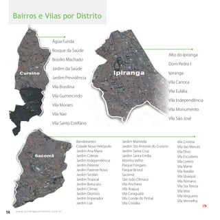 14 w w w. i p i r a n g a c o m e s t i l o . c o m . b r
Bairros e Vilas por Distrito
w w w. i p i r a n g a c o m e s t i l o . c o m . b r
Água Funda
Bosque da Saúde
Brasílio Machado
Jardim da Saúde
Jardim Previdência
Vila Brasilina
Vila Gumercindo
Vila Moraes
Vila Nair
Vila Santo Estéfano
Alto do Ipiranga
Dom Pedro I
Ipiranga
Vila Carioca
Vila Eulália
Vila Independência
Vila Monumento
Vila São José
Bandeirantes
Cidade Nova Heliópolis
Jardim Ana Maria
Jardim Celeste
Jardim Independência
Jardim Patente
Jardim Patente Novo
Jardim Seckler
Jardim Tropical
Jardim Botucatu
Jardim Clímax
Jardim Dionísio
Jardim Imperador
Jardim Liar
Jardim Maristela
Jardim Sto Antonio do Cursino
Jardim Santa Cruz
Jardim Santa Emília
Moinho Velho
Parque Fongaro
Parque Bristol
Sacomã
São João Clímaco
Vila Anchieta
Vila Arapuá
Vila Caraguatá
Vila Conde do Pinhal
Vila Cristália
Vila Cristina
Vila das Mercês
Vila Elísio
Vila Escudeiro
Vila Liviero
Vila Marte
Vila Natália
Vila Quaquá
Vila Romano
Vila Sta Tereza
Vila Vera
Vila Vergueiro
Vila Vermelha
IPI
 