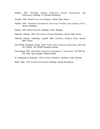 Mulyasa. 2003. Kurikulum Berbasis Kompetensi Konsep, Karakteristik, dan
Implementasi. Bandung: PT. Remaja Rosdakarya.
Nasution. 2004. Didaktik Asas-Asas Mengajar. Jakarta: Bumi Aksara.
Nurhadi. 2002. Pendekatan Kontekstual (Contextual Teaching and Learning (CTL)).
Jakarta: Depdiknas.
Sudjana. 2005. Metode Statistika. Bandung: Tarsito Bandung.
Suharsimi Arikunto. 2002. Dasar-Dasar Evaluasi Pendidikan. Jakarta: Bumi Aksara.
Suharsimi Arikunto, Suhardjono, Supardi. 2006. Penelitian Tindakan Kelas. Jakarta:
Bumi Aksara.
Tim MGMP Kabupaten Demak. 2008. Silabus Mata Pelajaran Matematika SMP dan
MTs. Demak: Tim MGMP Kabupaten Demak.
Umi Salamah. 2007. Membangun Kompetensi Matematika 2 untuk Kelas VIII SMP dan
MTs. Solo: Tiga Serangkai Pustaka Mandiri.
W. Nurkancana & Sumartana. 1986. Evaluasi Pendidikan. Surabaya: Usaha Nasional.
Zainal Arifin. 1991. Evaluasi Instruksional. Bandung: Remaja Rosdakarya.
 